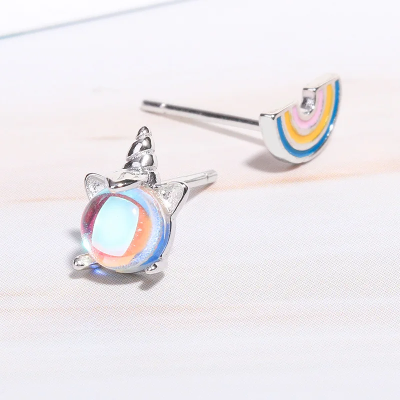 Единорог Радуга Асимметричная лунным камнем серьги-гвоздики ASOS 925 Щепка Серьги