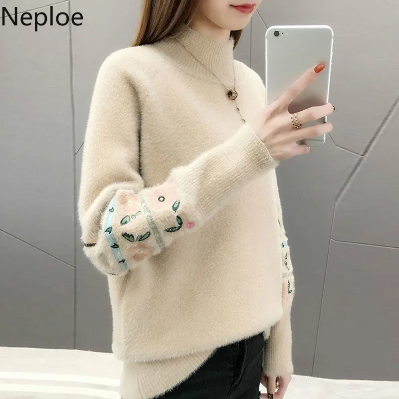 Neploe Korean Autumn Winter Loose Wild Knitted Sweaters Turtleneck Solid Flower Pullover Preppy Style Elegant Sweater 45515 | Женская