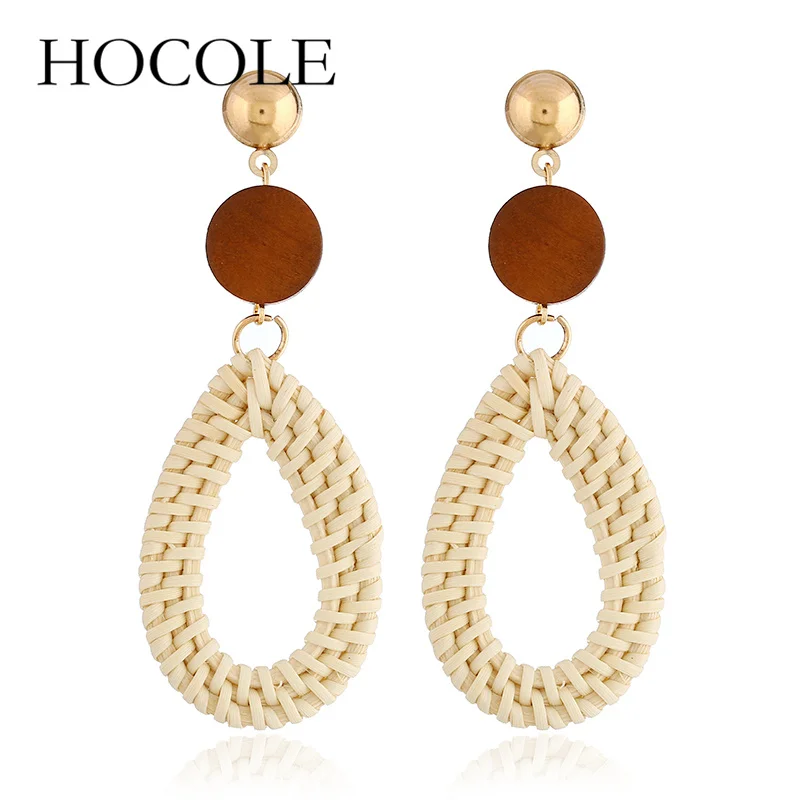 HOCOLE 2018 новые круглые деревянные висячие серьги для женщин капли воды из ротанга