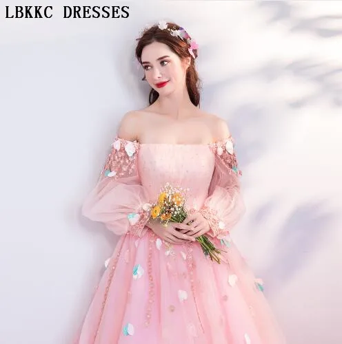 

Женское вечернее платье с длинным рукавом, розовое ТРАПЕЦИЕВИДНОЕ ПЛАТЬЕ до пола с открытыми плечами, длинное официальное платье, 2018