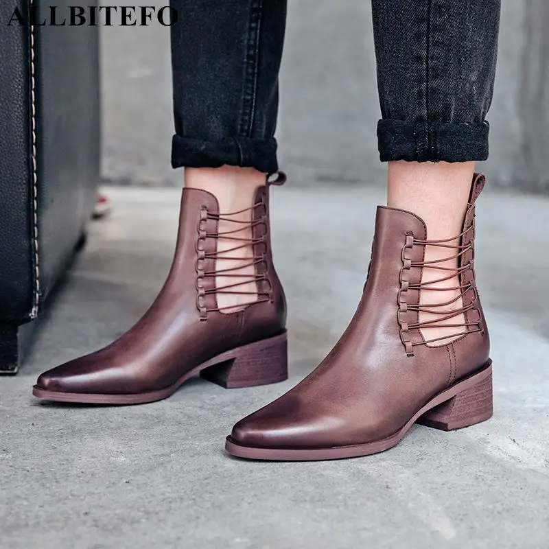 ALLBITEFO/Модные женские ботинки из натуральной кожи на толстом каблуке в стиле ретро