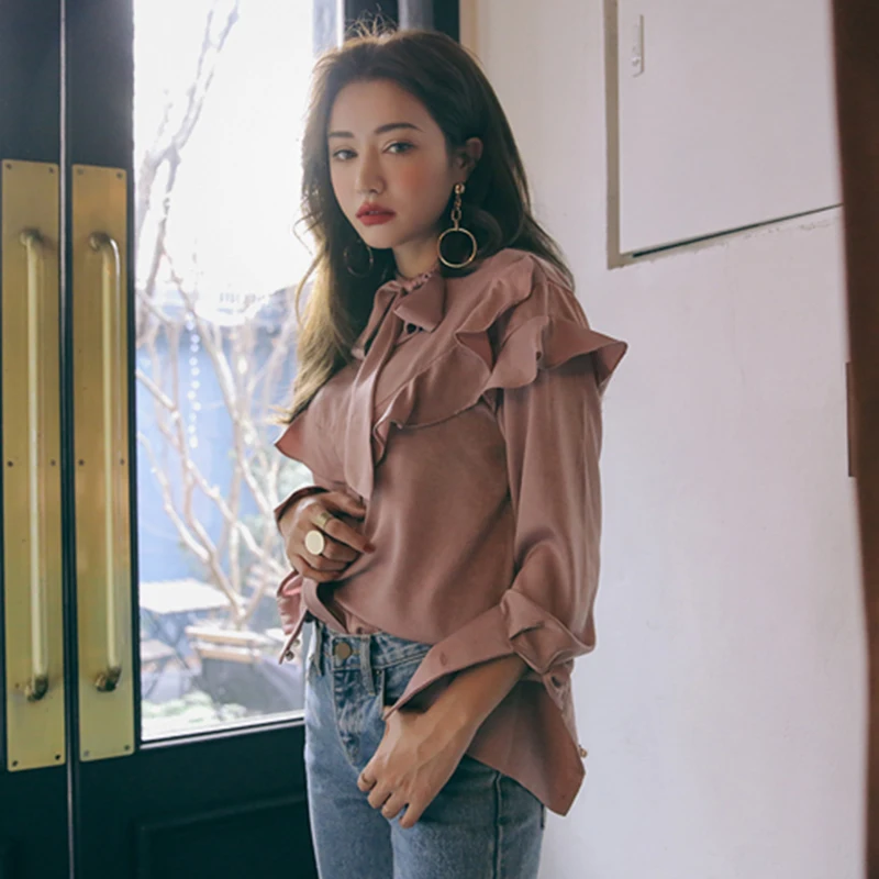 Fashion Stand Collar Bow-belt Ruffles Women Blouses Shirt Full Sleeve Vintage Peplum Tops Summer Blusas femme 2018 |