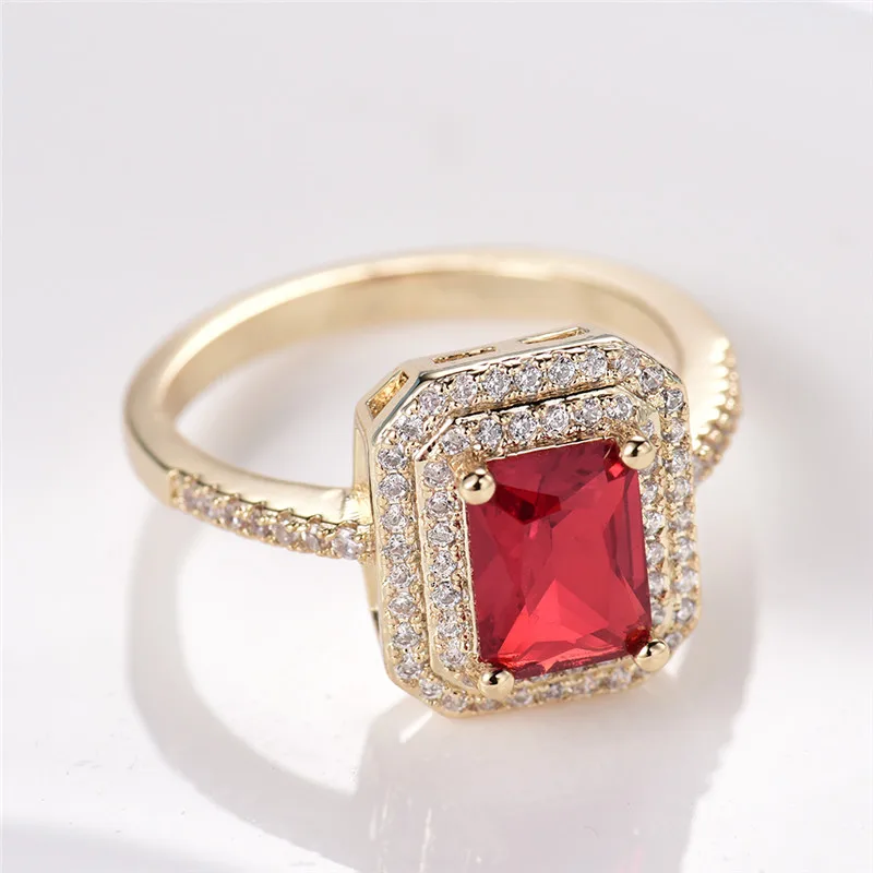 GULICX Exquisite Gold-color Wedding Rings For Women Square Red Stone Cubic Zircon Female Finger Engagement Jewelry GLR306 | Украшения и