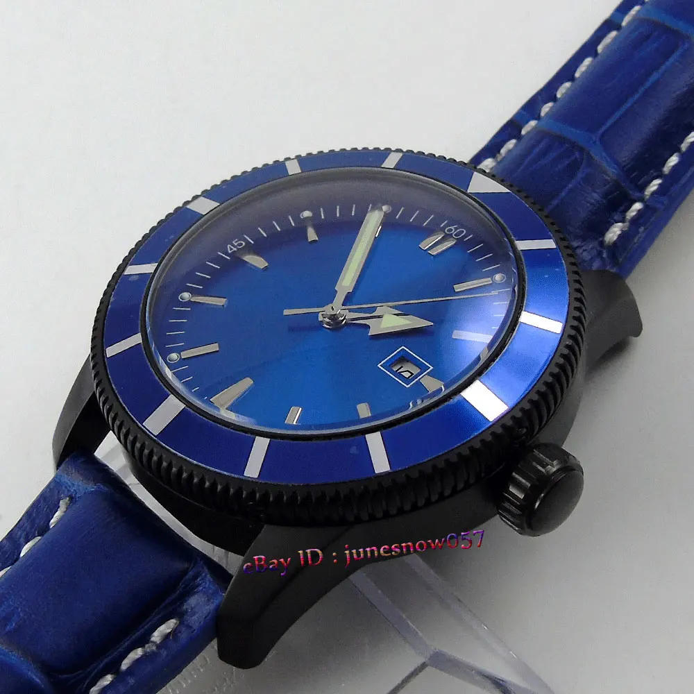 Часы мужские Bliger 46 мм с синим циферблатом синяя рамка светящийся черный PVD чехол