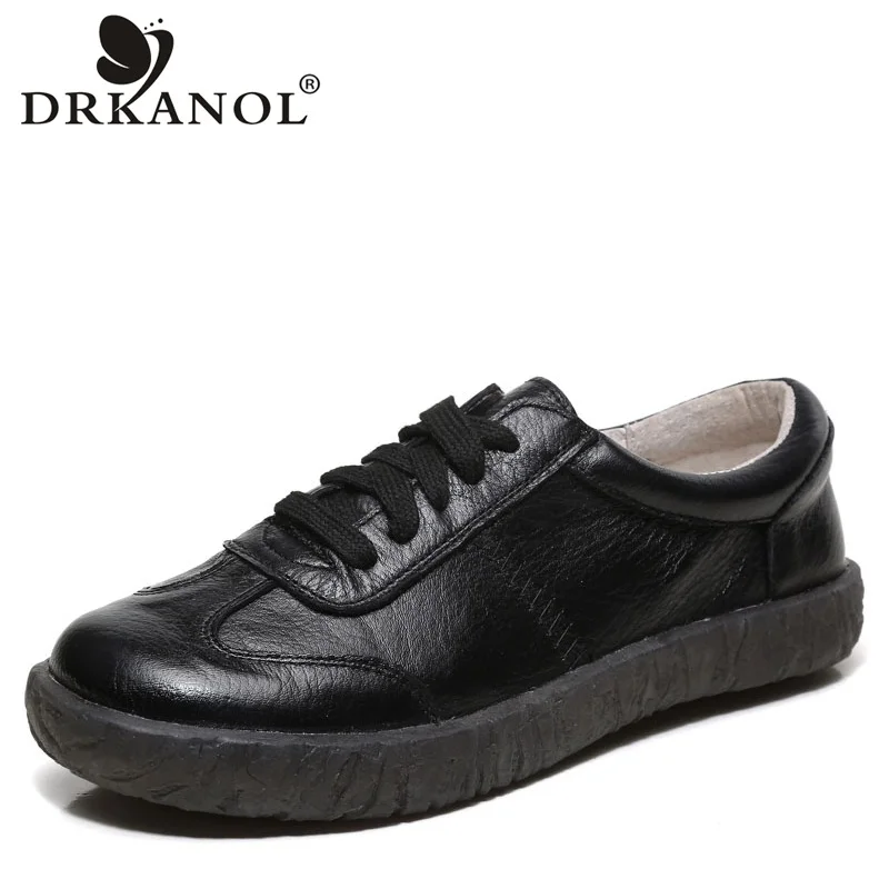 

DRKANOL 2021 New Spring Women Flat Shoes Lace Up Round Toe Genuine Leather Flats Women Casual Shoes Soft Bottom Ladies Shoes