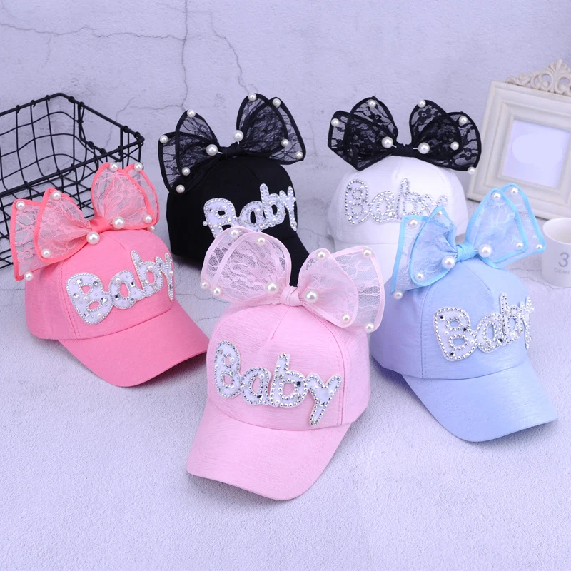 Бейсболка детская с большим бантом милая сетчатая Кепка жемчужинами блестящий