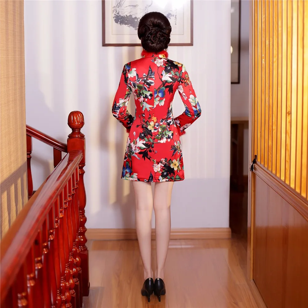 Шанхай история искусственного меха смесь шерстяное Qipao осень зима китайское платье Чонсам с длинным рукавом платье длиной до колена восточное платье