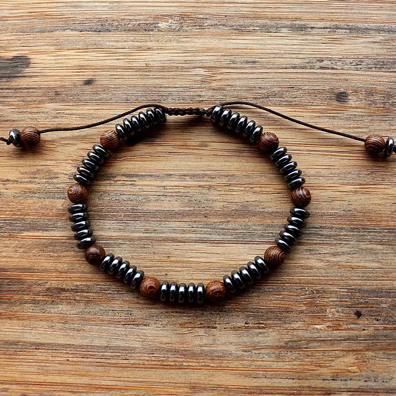 Мужской браслет ручной работы из гематита в форме диска дерева|Плетеные