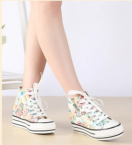 Print pattern canvas shoes female summer breathable high round toe white belt decorative |