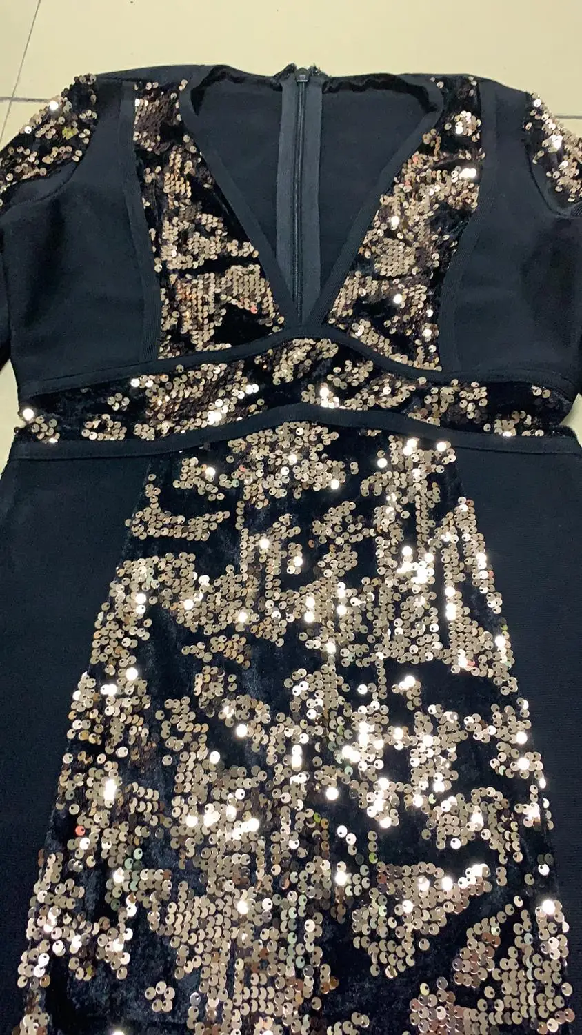 Evening Party New Style Fashion Sexy Women Bandage Dress Sequined Deep V-neck Long sleeve celebrity body con dresses wholesale | Женская