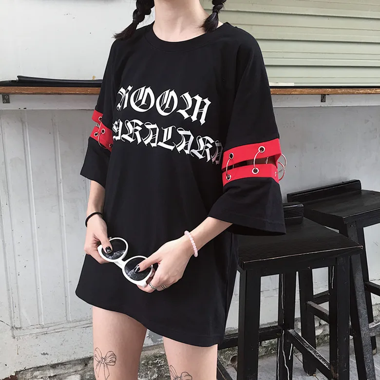 black t shirt Neploe летняя черная женская футболка японский Harajuku Готический Стиль Повседневная футболка Топы с принтом букв кольцо дизайн женские футболки 39063 - Цвет: black t shirt