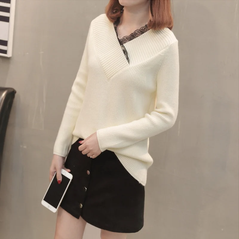 OHRYIYIE 2020 Winter Lace Sweater Women Fashion V-neck Long Sleeve Knit Sweaters And Pullovers Female Tricot Jumper Pull Femme | Женская
