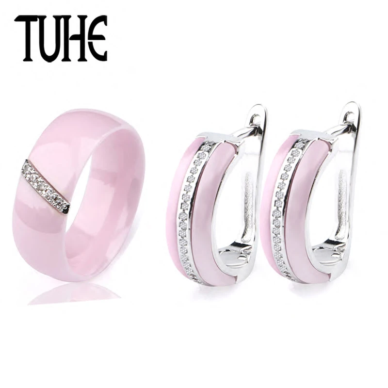 

Набор керамических ювелирных изделий для женщин, гладкие романтические милые керамические кольца и U-образные серьги Стразы 8 мм розового ц...