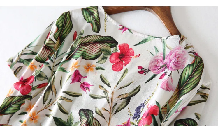 Women Summer Silk Dress O neck plus size Vintage Natural silk dresses floral Elegant Casual real Knee Length dress | Женская одежда