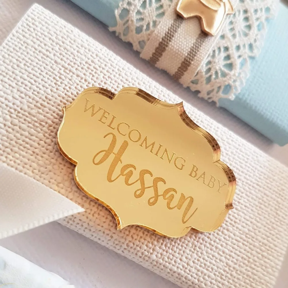 

12Pcs Personalized Plaque Favors Name Silver / Gold Mirror Baby Shower Decor Baby Baptism Favor Decorations (No Chocolate Bars)