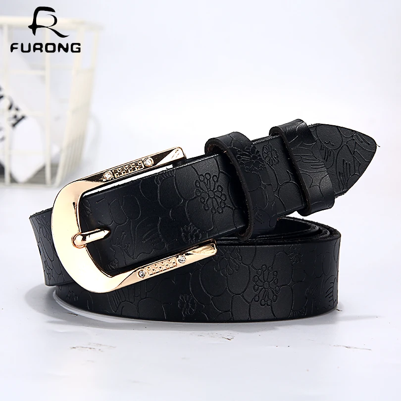 Ladies belt genuine leather ladies belt black jeans rhinestone embossed designer pin buckle belt ladies gift belt