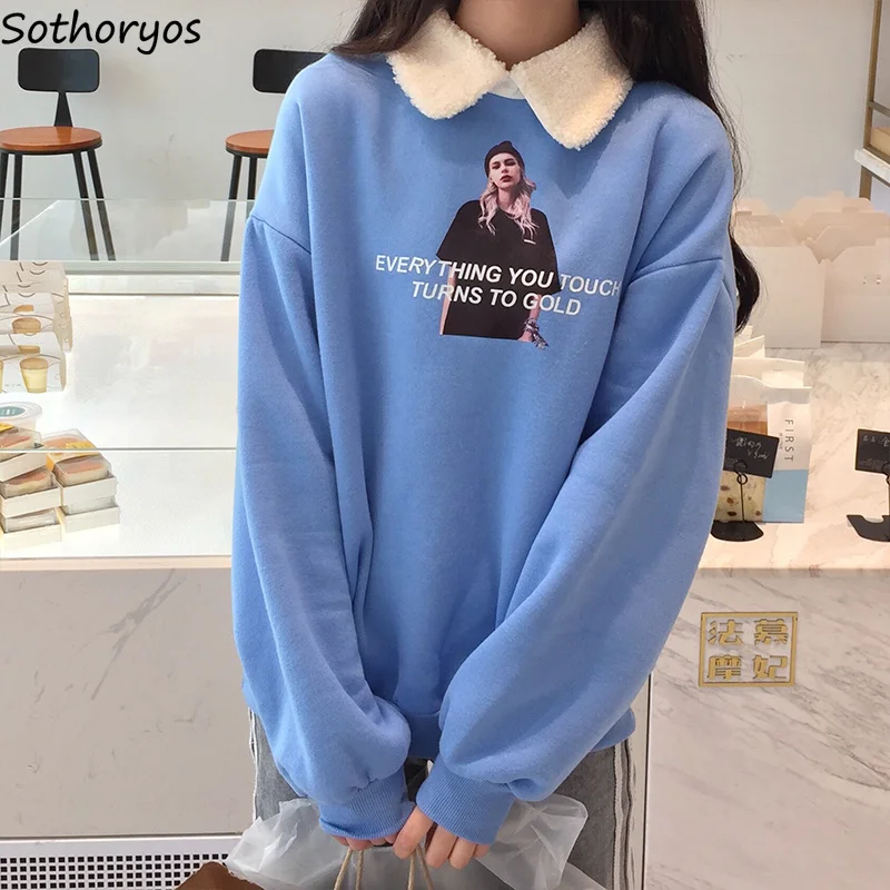 Толстовки женские толстые плюс бархатные теплые Kawaii Мягкие Универсальные пуловеры с принтом женские s Ulzzang корейский стиль Милая шикарная одежда