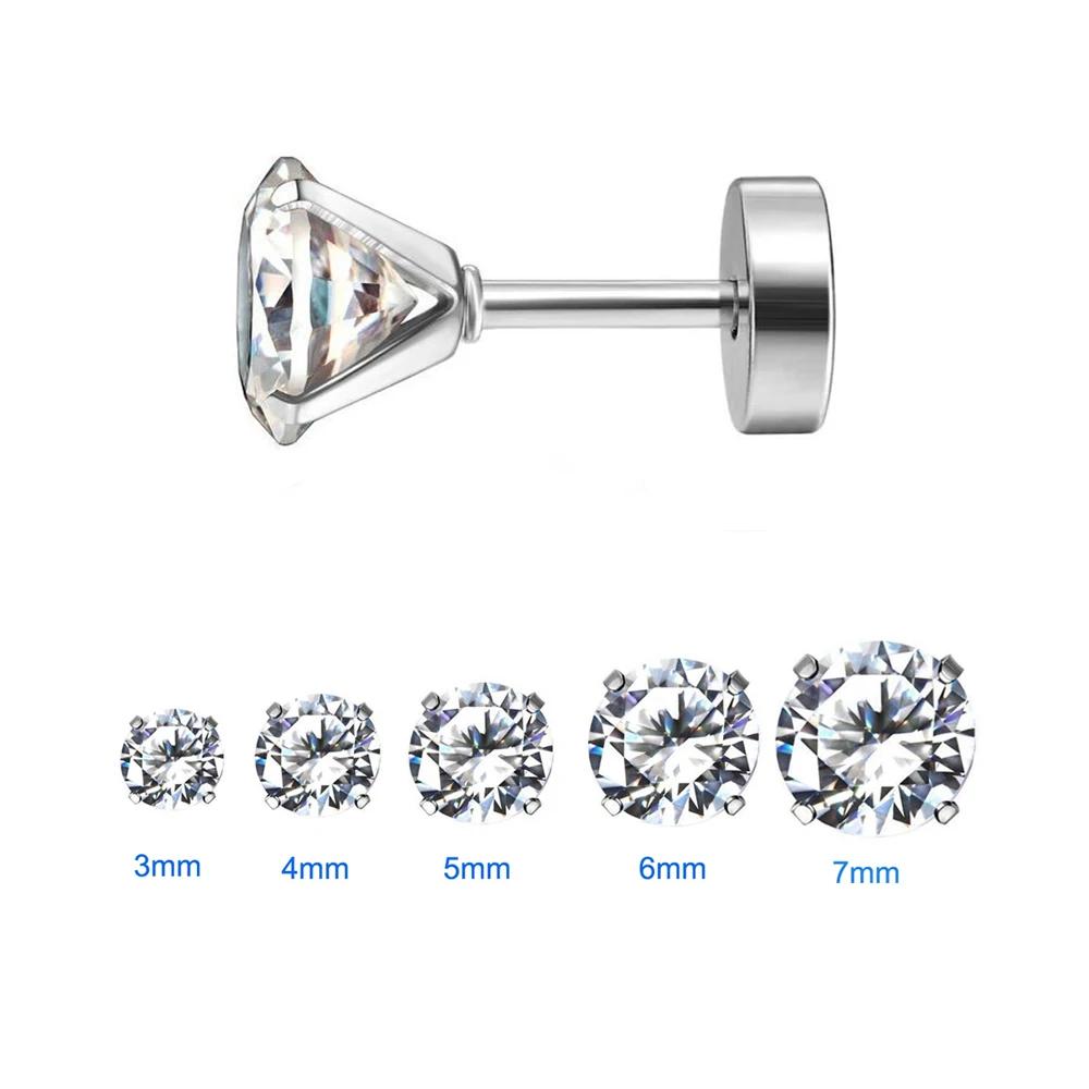 1 Пара Серьги-гвоздики из стали/золотого цвета для женщин/мужчин с фиксацией на зубчиках из циркона, ювелирные изделия из хирургической стали 316L, 3мм-7мм.