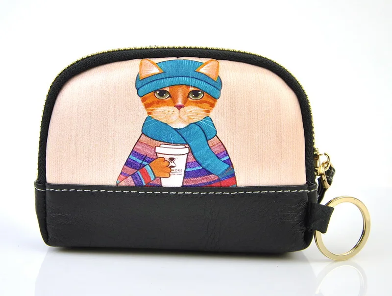 Scarf Cat Женский кожаный милый кошелек на молнии с монетницей, модный кошелек с рисунком кота на запястье, мелкие деньги, сумка для девушек, брелок для ключей, женский подарок - Цвет: Scarf Cat