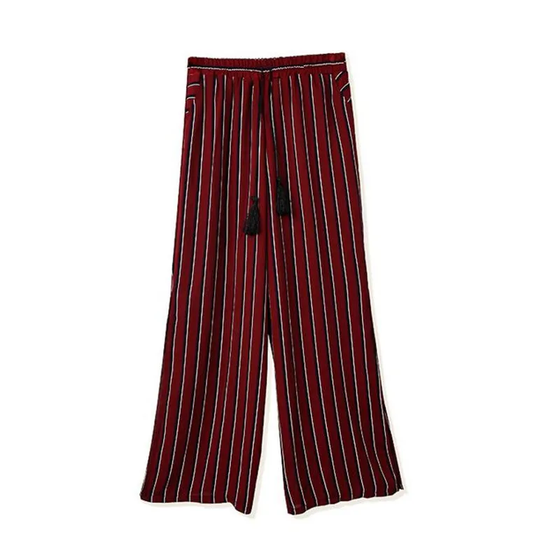 

Summer Women Wide Leg Pants Elastic Waist Casual Long Pants Female Split Vertical Stripes Chiffon Trousers Thin Lady Beach Pant