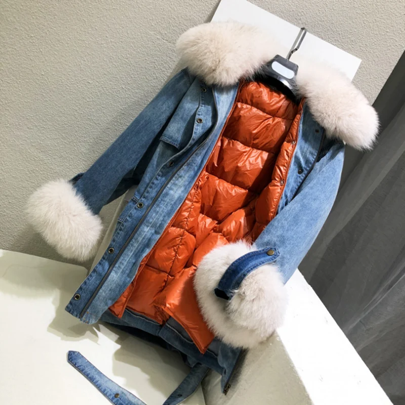 Женское длинное пальто с воротником из натурального Лисьего меха зимняя куртка