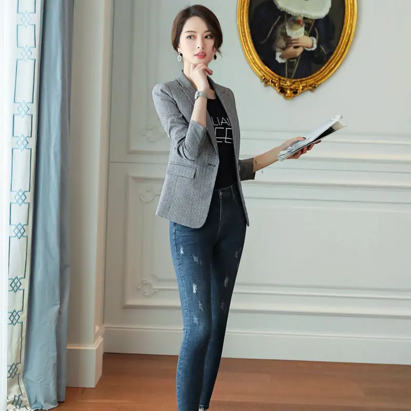 Suit Jacket Female 2019 Spring Autumn New Korean Fashion Short Thousand Bird Casual Small Women OL Blazer Plus Size LQ649 | Женская