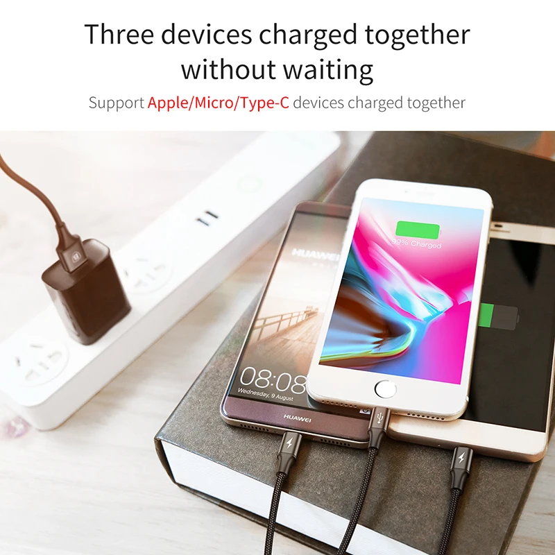 Baseus 3 в 1 USB кабель для iPhone Xs Max XR X зарядное устройство 2 в 1 Micro USB кабель usb type C кабель для телефонов Android