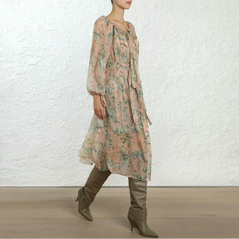 Женское подиумное платье ZIM винтажное длинное с цветочным принтом и длинными