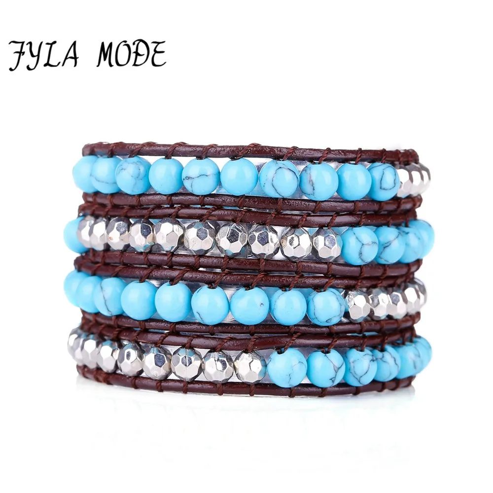 Эксклюзивный браслет Fyla Mode с синим камнем из бисера кожаный серебряными бусинами