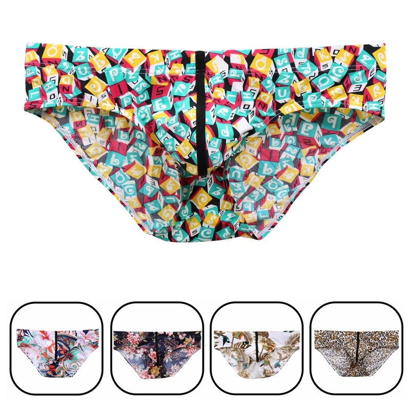2019 gay Underwear men low waist nylon ice silk printed breathable briefs fashion sexy bulge jockstrap |