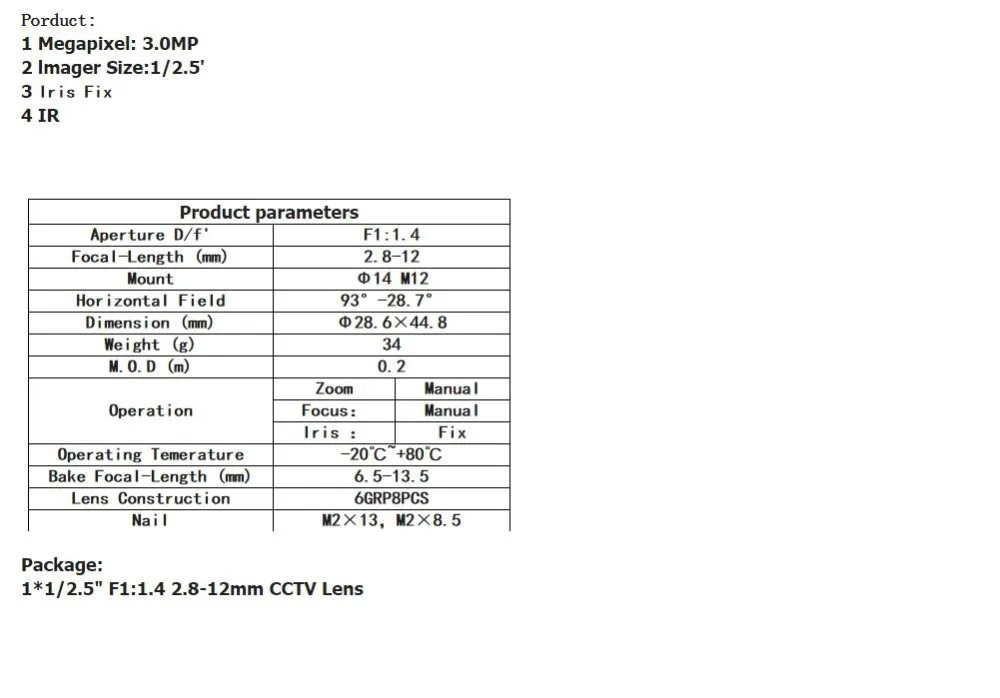 CCTV 1/2. " F1: 1,4 2,8-12 мм с ручным фокусным расстоянием MTV M12* 0,5 HD 3,0 мегапиксельная фиксированная Радужная линза для камер видеонаблюдения