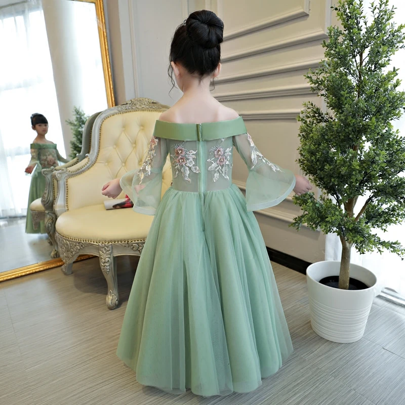 Роскошное детское свадебное платье зеленые Бальные платья с длинным рукавом