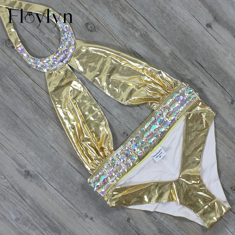 Floylyn Роскошный горный хрусталь один предмет женский купальник Золотое Тиснение купальный костюм Кристальные бриллиантовые вечерние купальники сексуальные