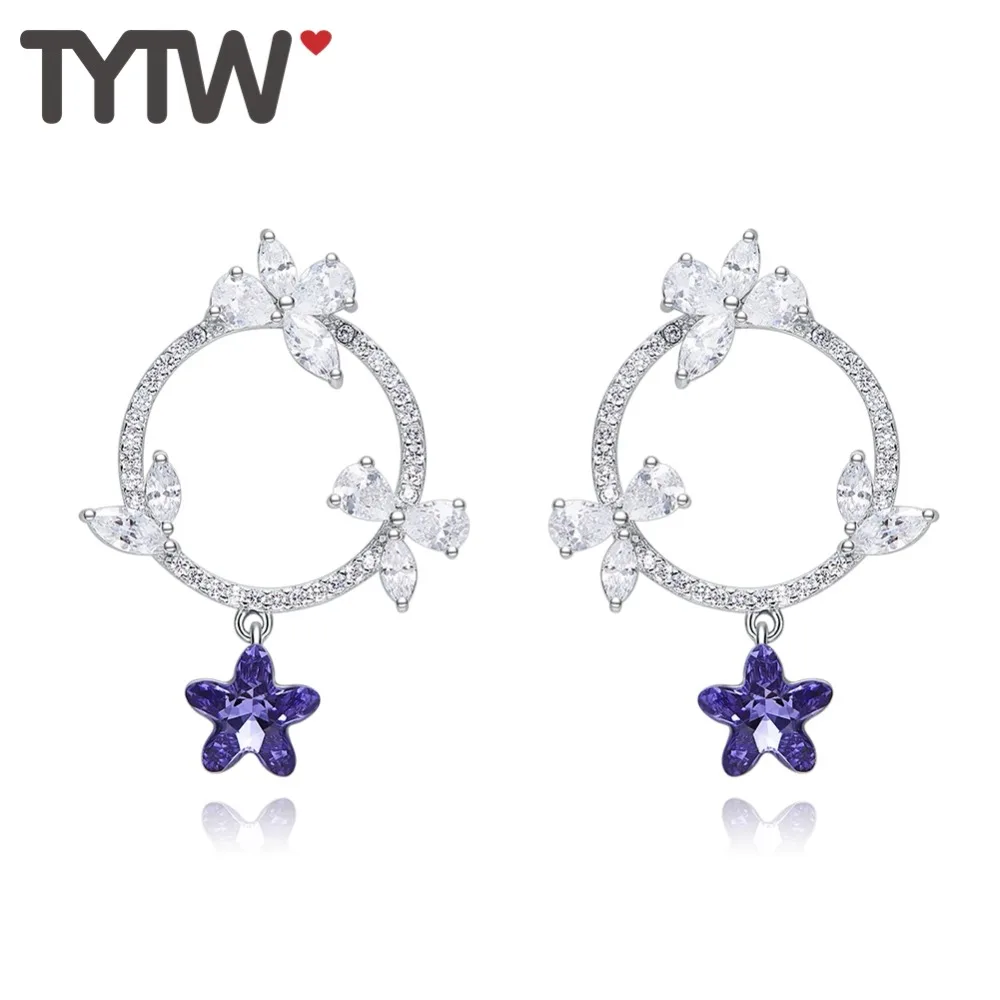 TYTW 925 Серебряные корейские серьги-гвоздики для девочек с кристаллами в виде