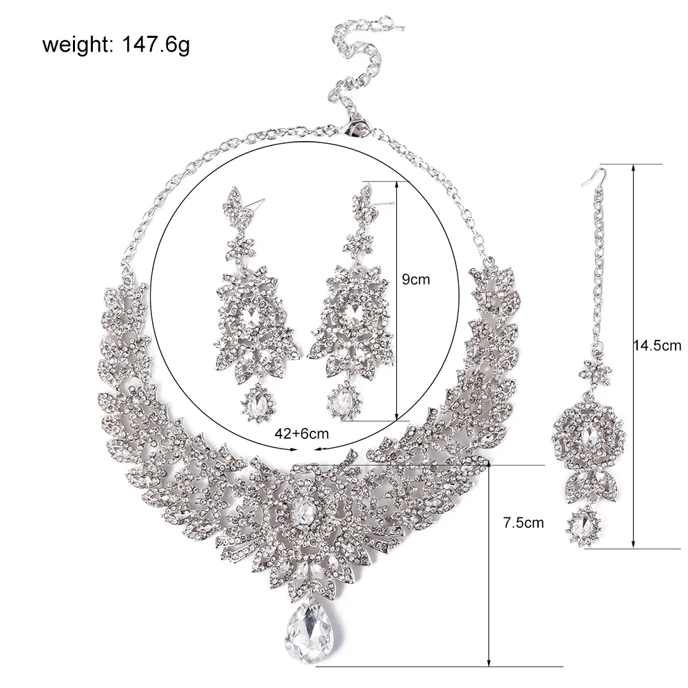 

FARLENA Jewelry Clear Rhinestones Necklace Earrings and Frontal Chain set for Bridal Classic Wedding Jewelry sets