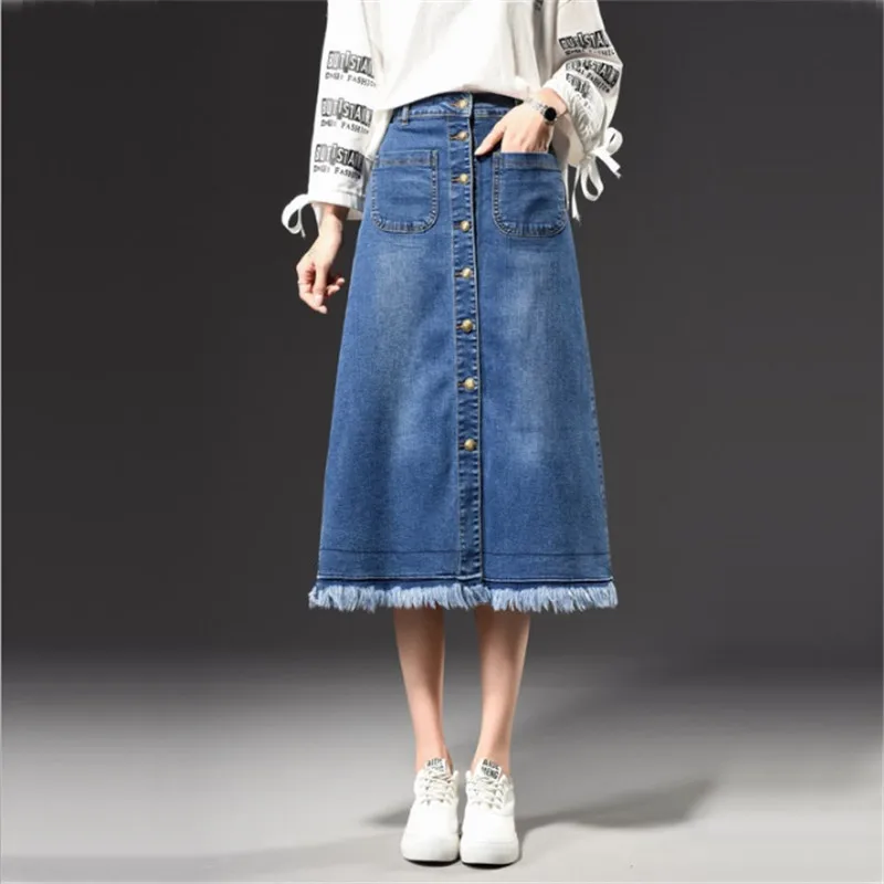 Tassel fringe buttoned denim skirt new summer female half length a word street tide people waist stretch | Женская одежда