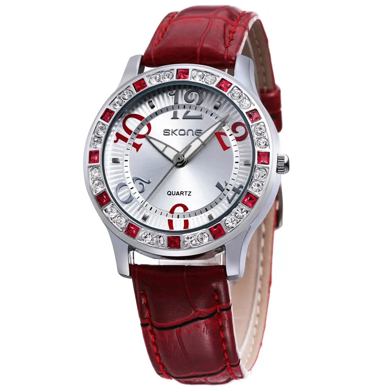 SKONE новый дизайн модные со стразами кожаные женские роскошные часы повседневные