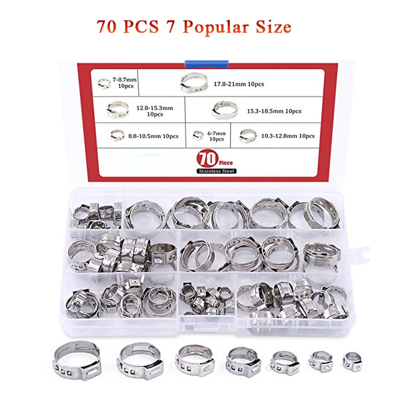 

Free shipping Pipe Clamp High Quality 70Pcs 7-21mm 304 Stainless Steel Single Ear Stepless Hose Clamps Assortment Kit