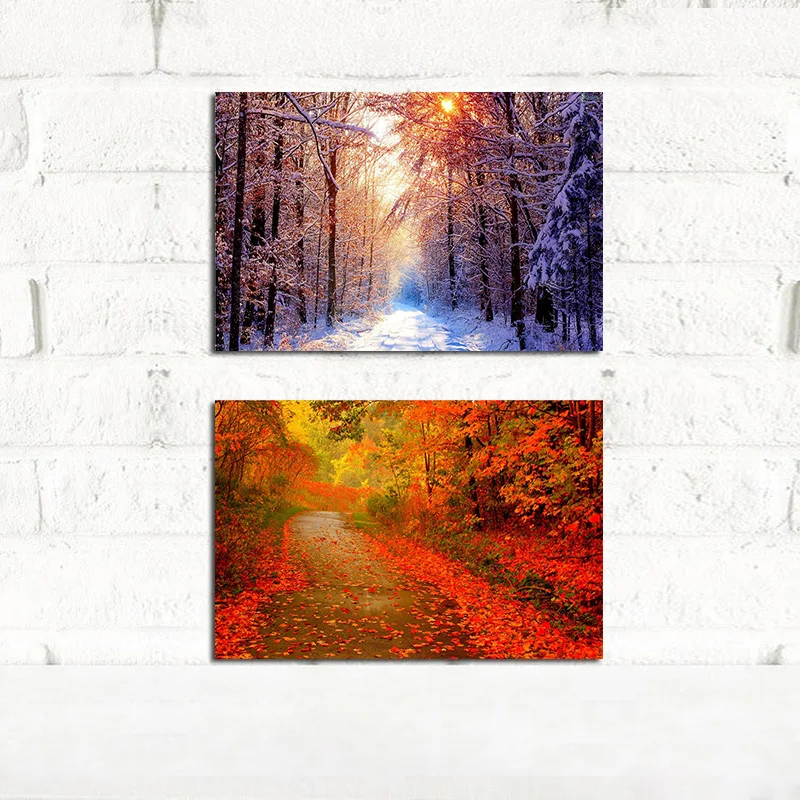 Природа зима снег дерево леса пейзаж холст картина печатный плакат красный клена