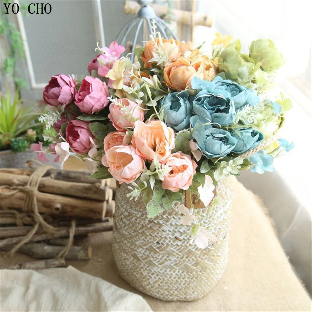 

YO CHO High Quality Fake Flower Peony Bouquet Silk Peony Rose Flower Artificial Flower For Decor Home Wedding Scene Green Leaves