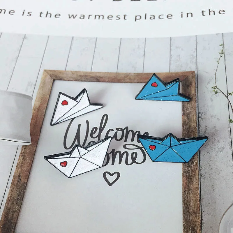Paper Airplane Metal Enamel Brooch Bright Pink Love Blue White Paper Boat Badge Pin Cute Trendy Kids Costume Jewelry Gift images - 6