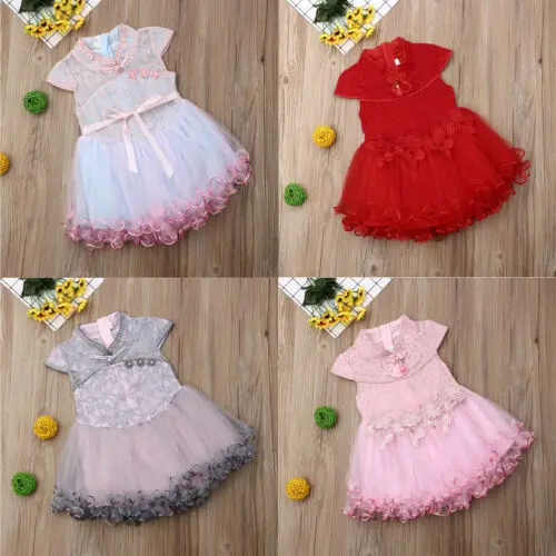 2019 Newborn Infant Toddler Baby Girl Princess Dress Floral Printed Lace Tulle Patchwork Cheongsam Party Wholesale Pudcoco | Детская
