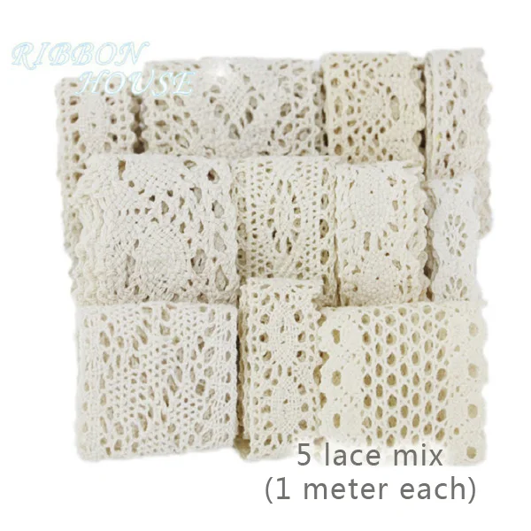 5 random lace mix 5 кружевных смешанных) хлопчатобумажная кружевная лента бежевого цвета, ручная работа, для свадебной вечеринки, подарочная упаковка, лоскутное вязаное кружево - Цвет: 5 random lace mix