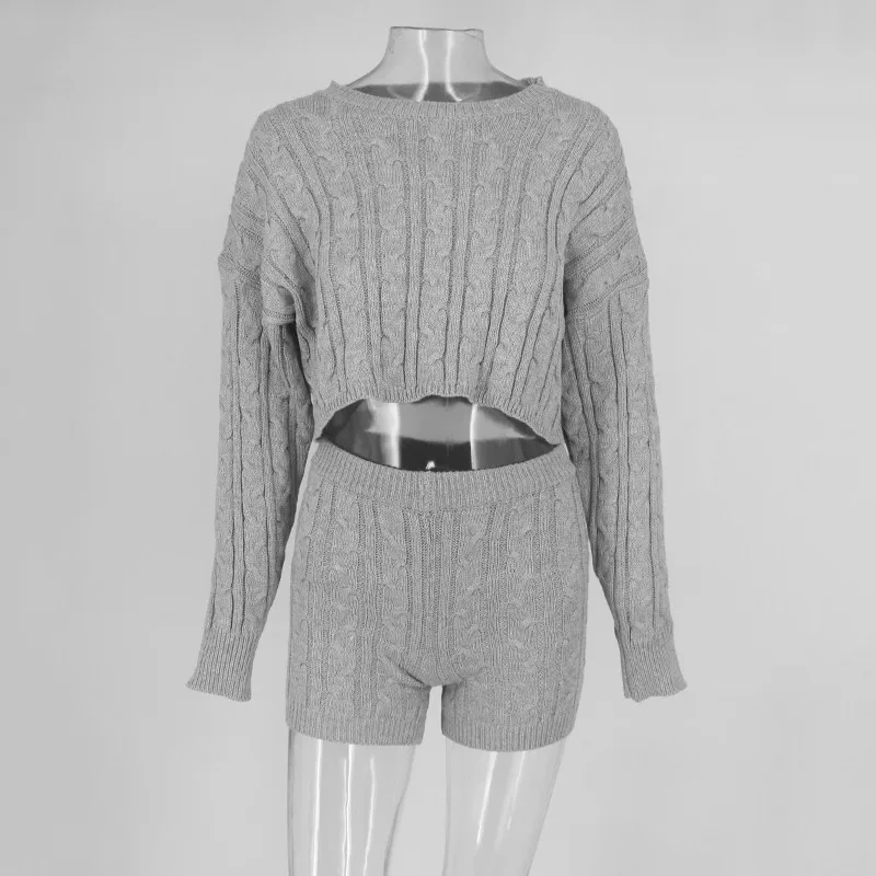 Gray Slaygirl/свитер, сексуальный женский комплект 2 шт., вязаный короткий топ с длинными рукавами и обтягивающие шорты, костюм, осенний комплект из двух предметов, одежда - Цвет: Gray