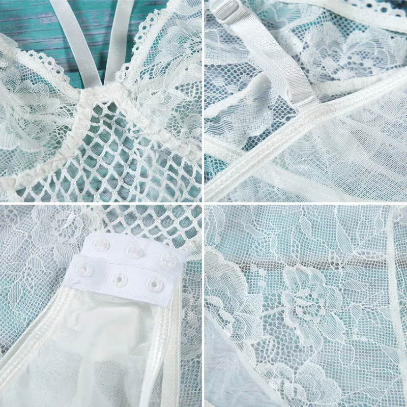 Женское Кружевное боди с цветочным принтом белое/черное облегающее комбинезон