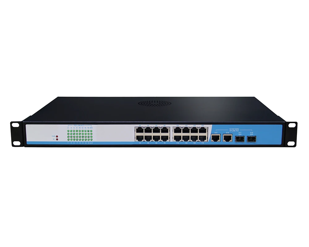 16 портов 100 м PoE коммутатор 2 Gigabit Ethernet с SFP Uplink 360 Вт Высокая мощность IEEE802.3af/at стандарт