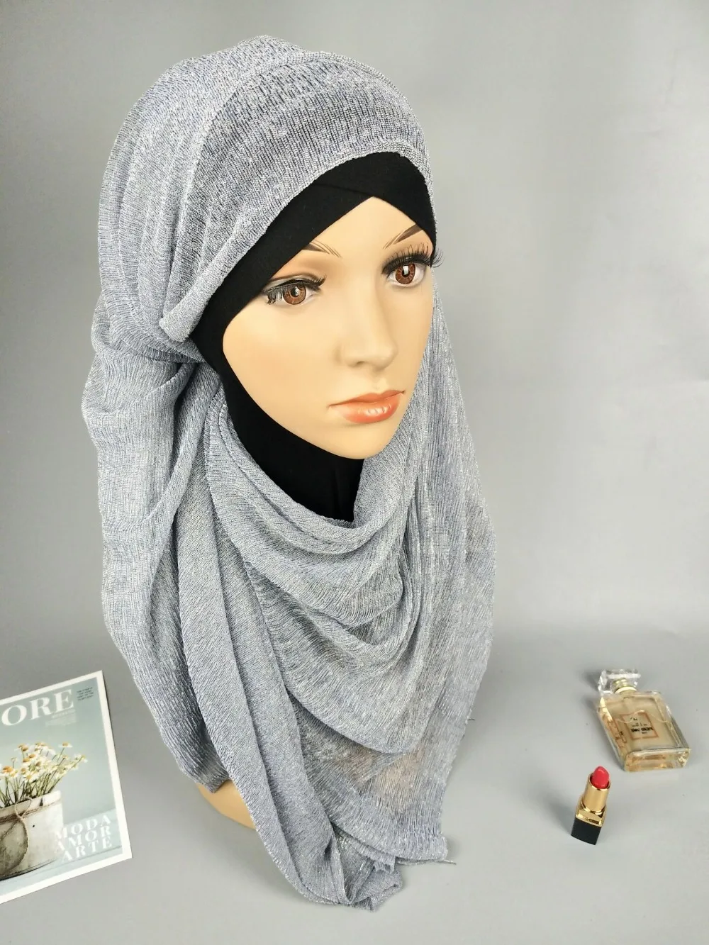 D1 glitter scarves plain shimmer elastic long headband fashion scarf hijab wraps muslim shawls