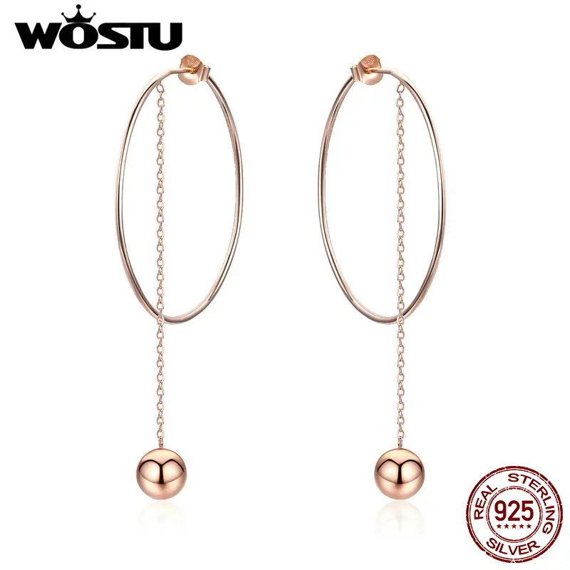 WOSTU, корейская мода, 925 пробы, серебро, розовое золото, висячие серьги для женщин, большие серьги, свадебные, минималистичные ювелирные изделия, FIE569