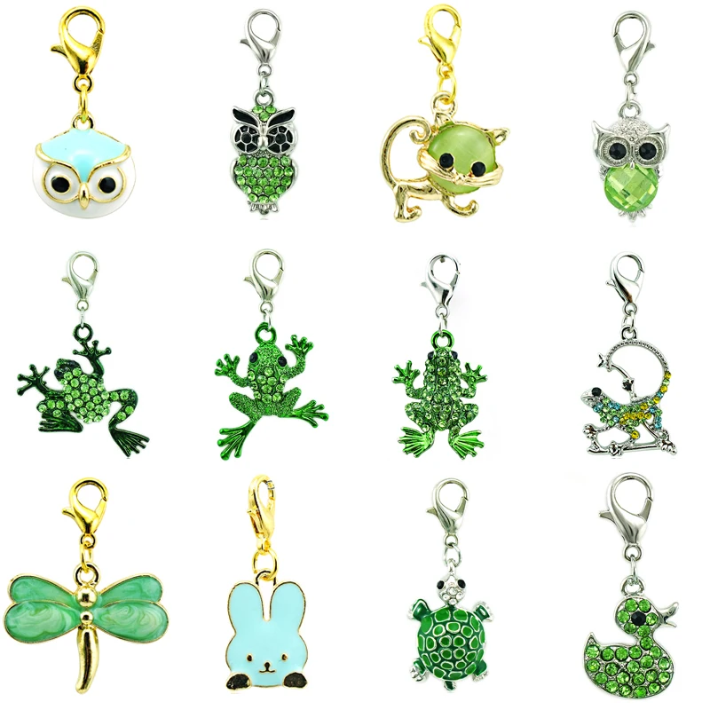 

JINGLANG Mix Sale Fashion Lobster Clasp Charms Green Rhinestone Enamel Animal Pendants DIY For Jewelry Making Accessories