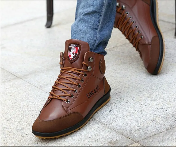 Мужские кожаные ботинки; модные уличные ботинки; botas hombre; сезон осень-зима; теплые хлопковые рабочие ботильоны; повседневная мужская обувь на шнуровке